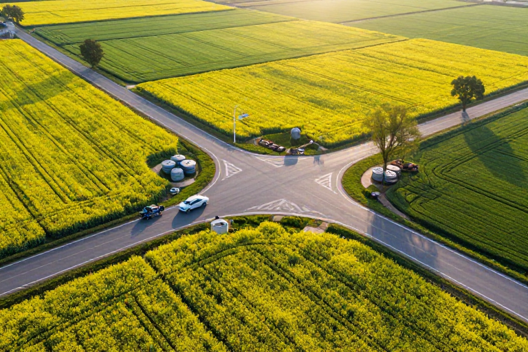 晨光下的乡村田园:油菜与麦田交织的金色画卷