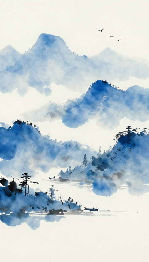新中式泼墨远山飞鸟剪影