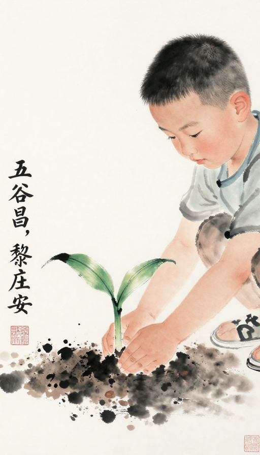 水墨新生:孩童手植玉米破土而出寓意丰饶