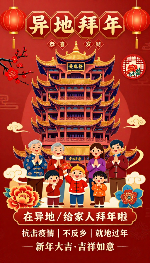 红金配色中式拜年插画：黄鹤楼前阖家欢乐