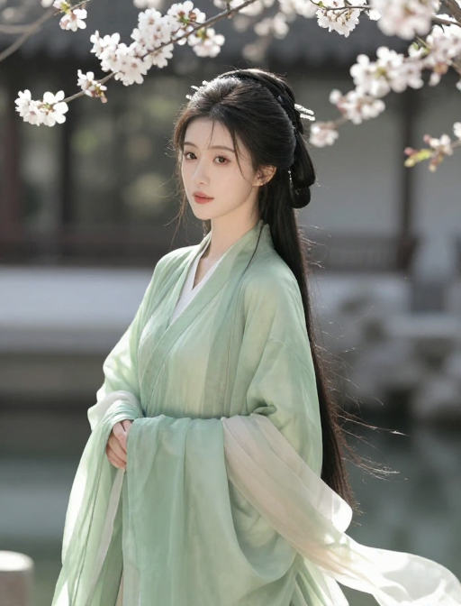 绝色佳人春日园景：绿纱美人映芳华