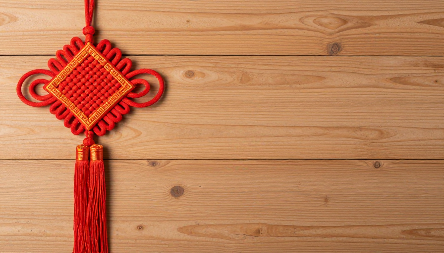 东方美学中国结：红金木质纹理典雅背景图