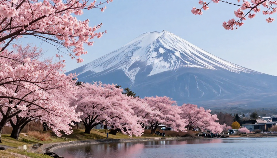 富士雪山映粉樱，晴空下绝美风景