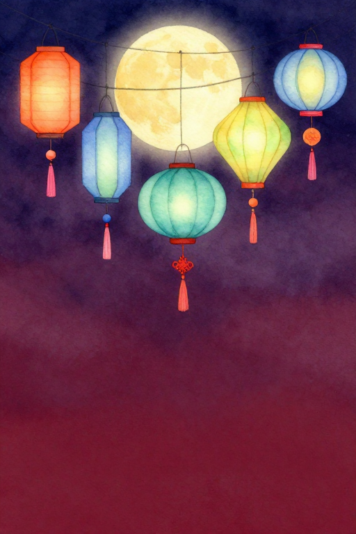 中秋水彩夜景：紫红渐变灯笼满月