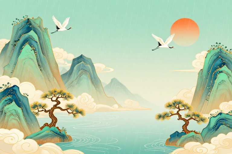 青绿山水诗意意境：金鹤松石留白画卷
