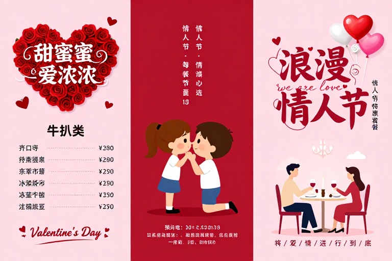 浪漫粉红·情人节主题西餐厅手绘海报