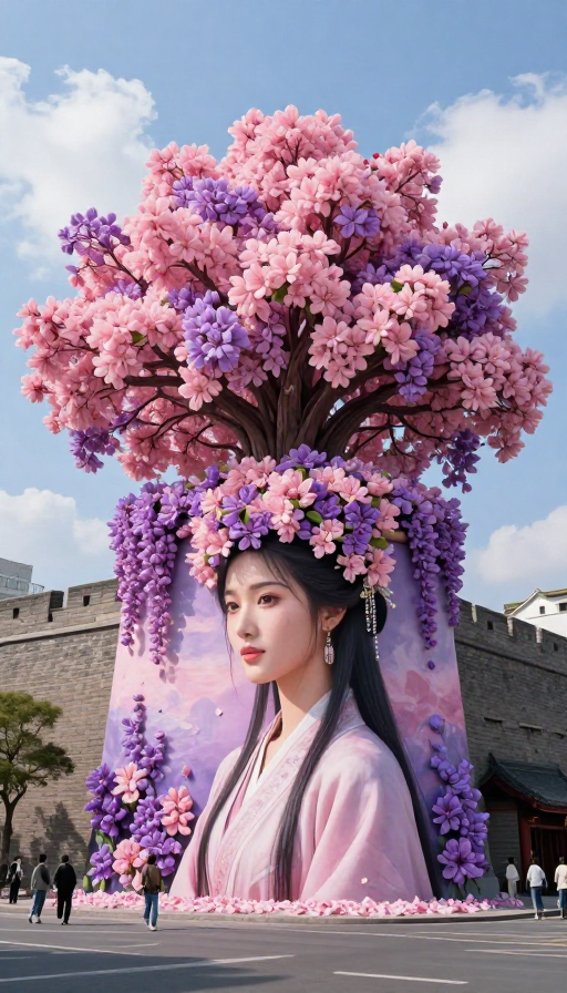 花冠国色：街头古风美女与繁花城墙写实摄影