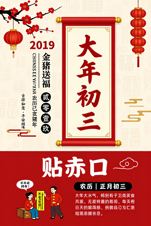2019大年初三习俗海报:贴赤口与吉祥禁忌