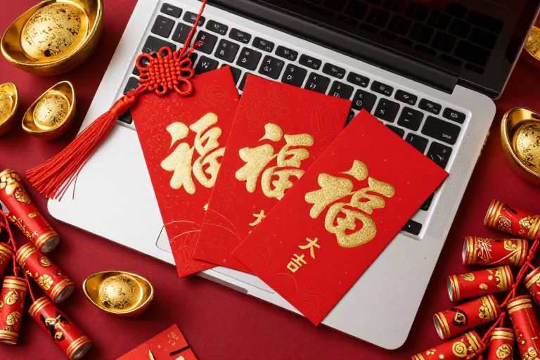 银键盘上的福运红包：新春商业摄影