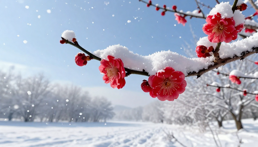 寒冬绽放的绚烂红梅