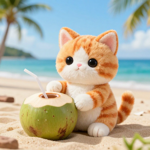 热带海滩萌趣小猫与青椰广告图