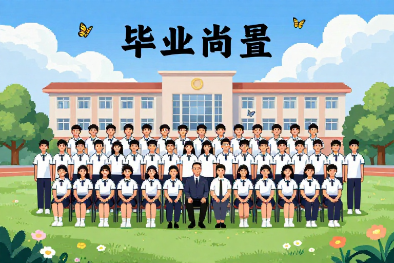 高中毕业照：男女平等校园场景像素插画