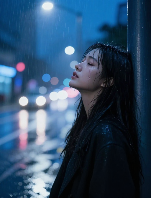 雨夜泪光:霓虹下的孤独瞬间