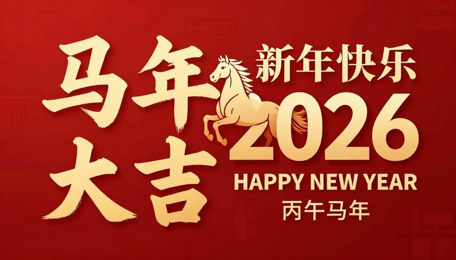 丙午马年新春贺图，金色书法字与骏马共庆佳节