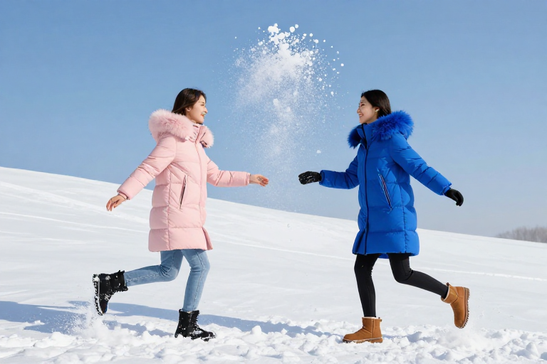 冬日雪趣：两位少女雪地嬉戏与雪花飞溅瞬间