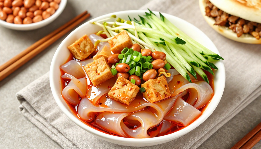 精致凉皮特写：红油辣子与脆嫩食材的完美融合