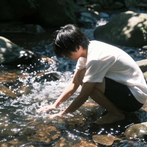 夏日溪边少年戏水：日系胶片纪实