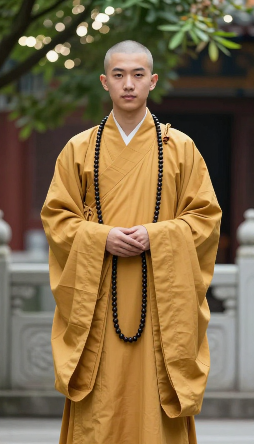 金色僧袍的禅意光影：中式寺庙实景