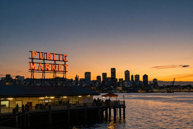 西雅图派克市场夜景：霓虹与日落的城市交响