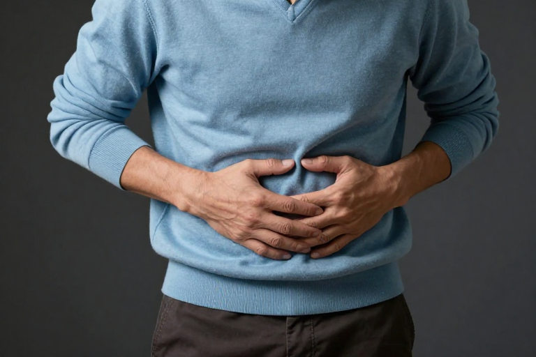 中年男子腹部不适特写,冷调摄影凸显健康警示