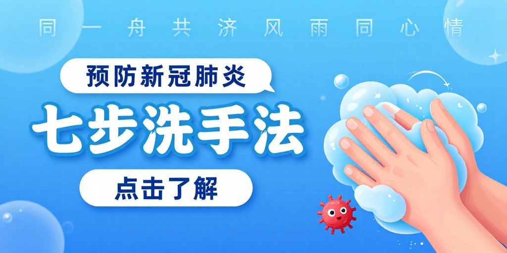 七步洗手法公益海报：预防新冠肺炎的清新科技感宣传图