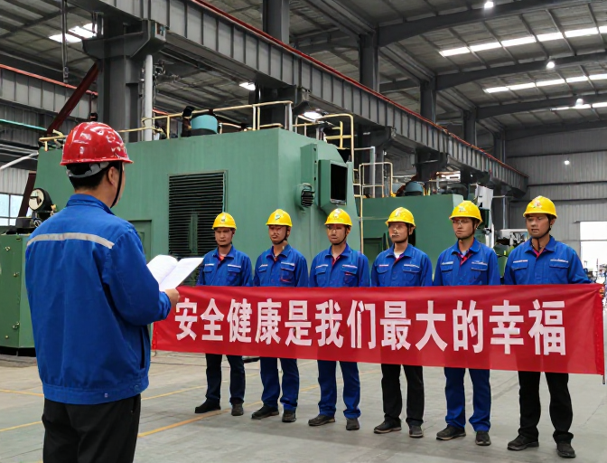 安全健康宣传:工业现场工程师指导工人会议