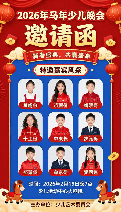 2026马年少儿晚会红金中国风海报
