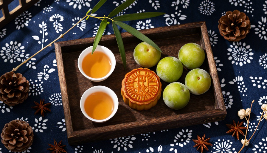 中秋雅韵:深蓝背景下精致茶具与月饼的摄影作品