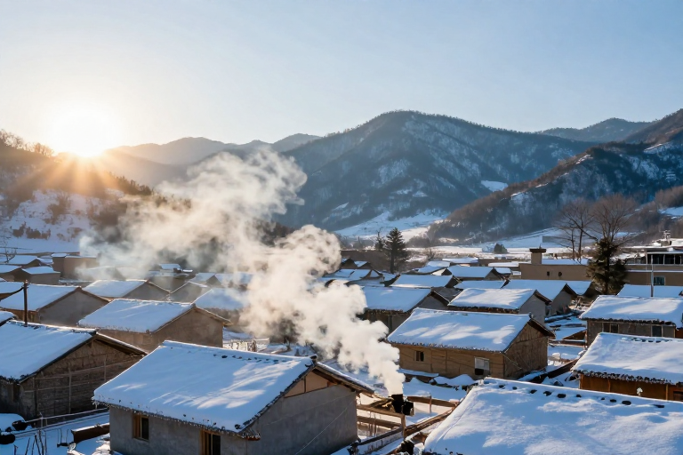 雪后山村·暖光逆阳的诗意画面