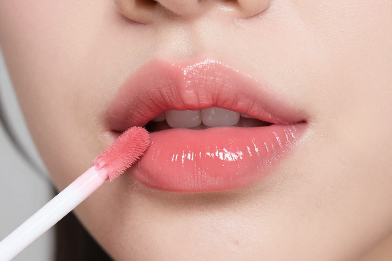 亚洲女性唇釉高光特写：粉润光泽美学