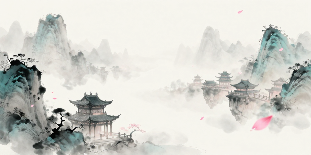 水墨仙侠意境：云雾山峦与古韵楼阁的背景图