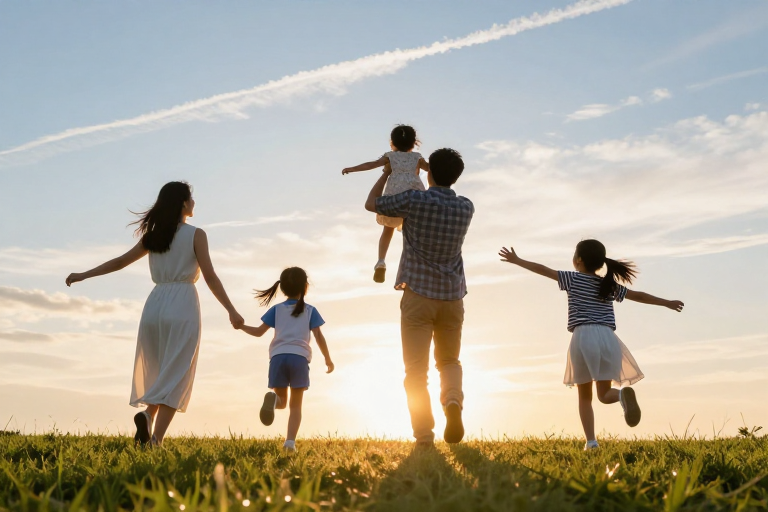 夕照草坡五口家庭奔跑剪影