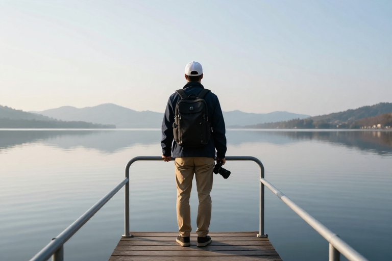 静谧湖光与背影:冷调摄影的旅行美学