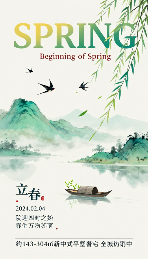 水墨淡雅春季节气海报 新中式平墅推广