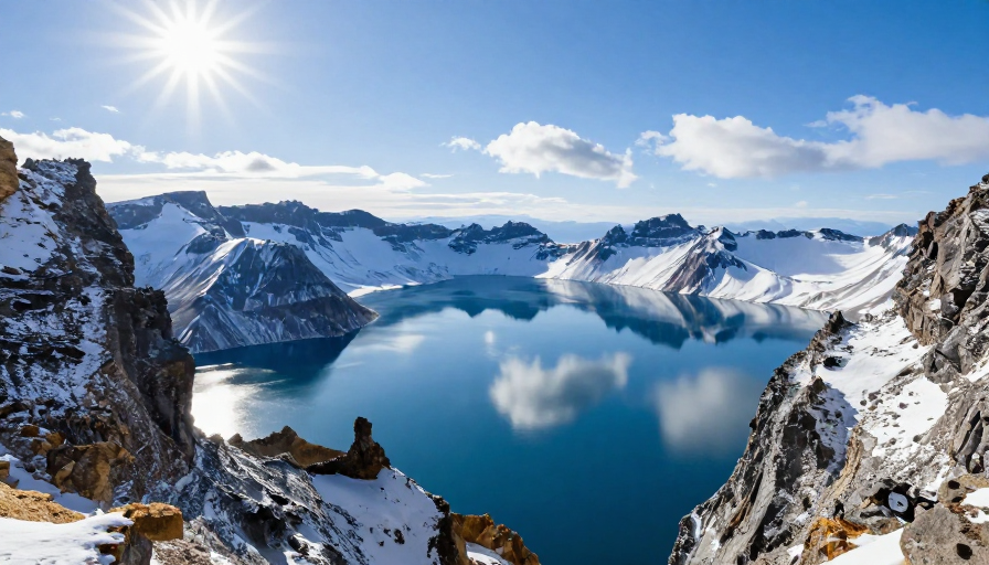天池火山口湖：青蓝倒影映雪峰