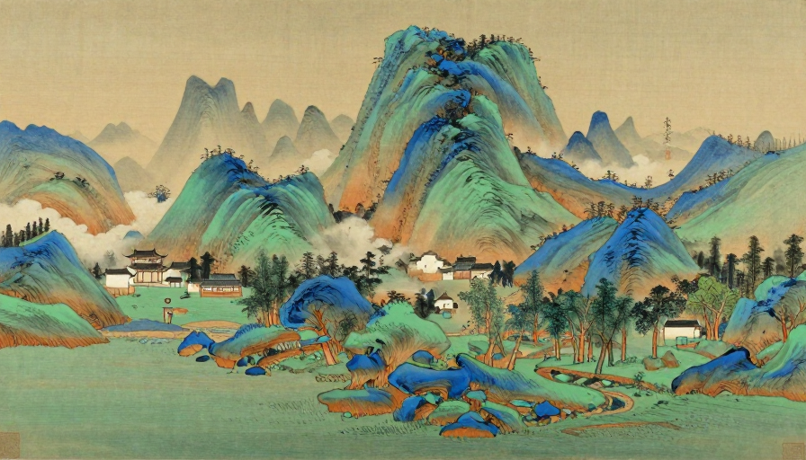 青绿山水:矿物色渲染的层叠山峦与古典村落