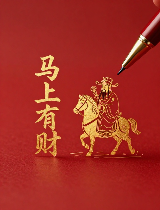 鎏金古印‘马上有财’与财神萌马的极简红底艺术