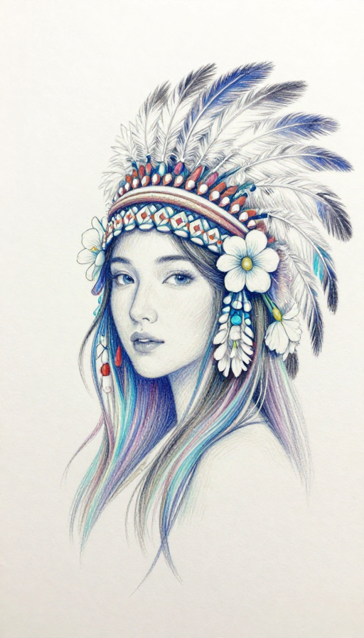 蓝青系印第安头饰美女肖像：彩色铅笔素描风