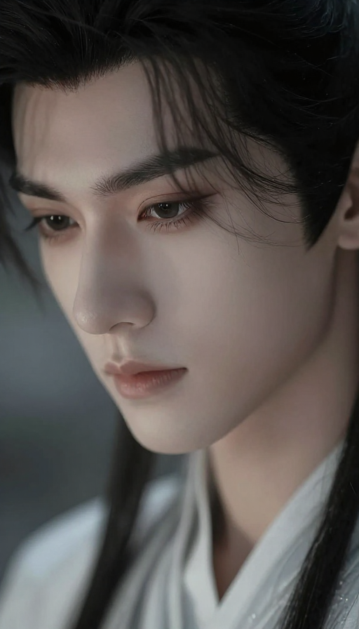 古风少年的清透绝美面容：黑长发与含情眼的细腻刻画