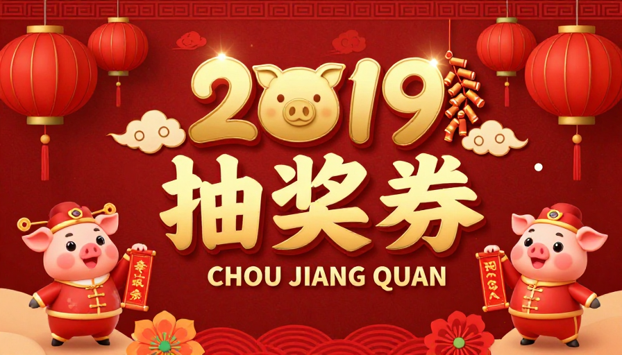 红金中国新年抽奖海报，2019猪年贺岁卡通插图