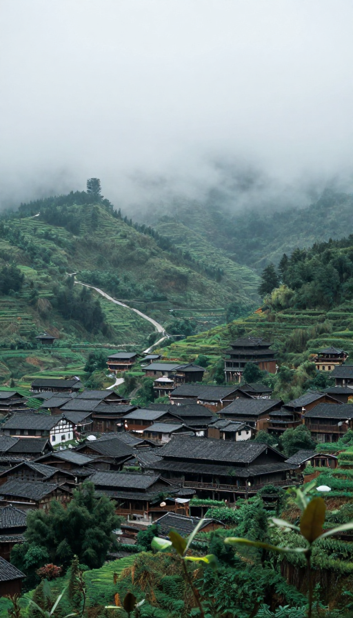 雾霭中山林间古朴中式民居静卧