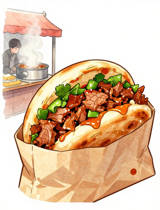 手绘肉夹馍特写:焦香四溢的街头美味