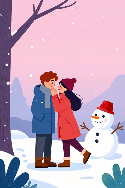 粉紫渐变冬日雪景插画,情侣与雪人温馨互动