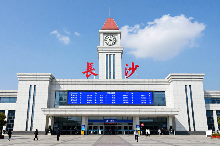 长沙火车站正门全景:现代地标与城市活力的融合