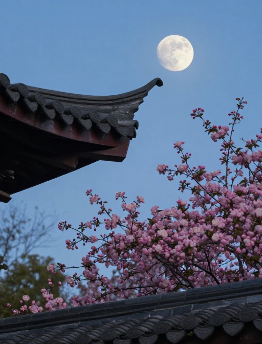 月色海棠映屋檐:春日实景写真