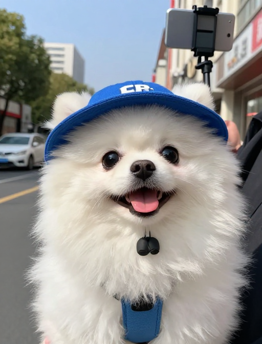 蓝帽博美萌宠街头自拍大特写