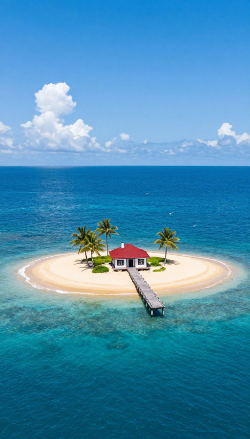 碧海蓝天的宁静孤岛，红顶木屋与椰林共绘纯净画卷