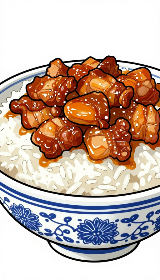 手绘漫画风特写:油润红烧肉盖浇饭的诱人细节