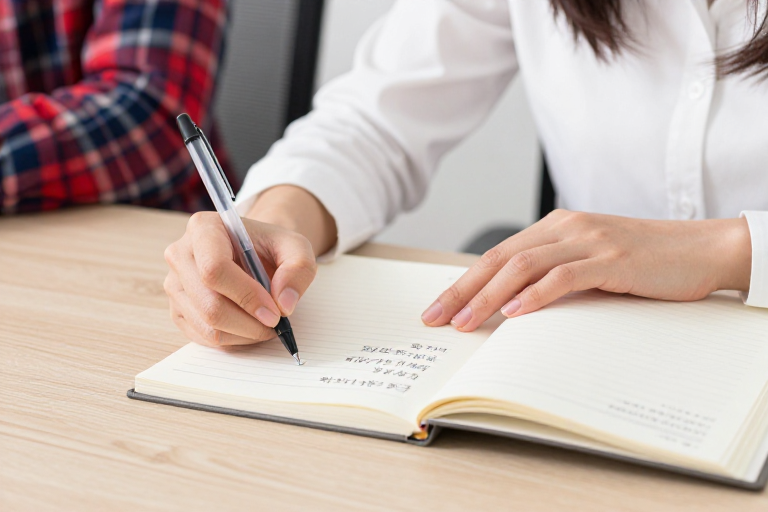 专注学习时刻：亚洲女性在温馨书桌前规划复习重点