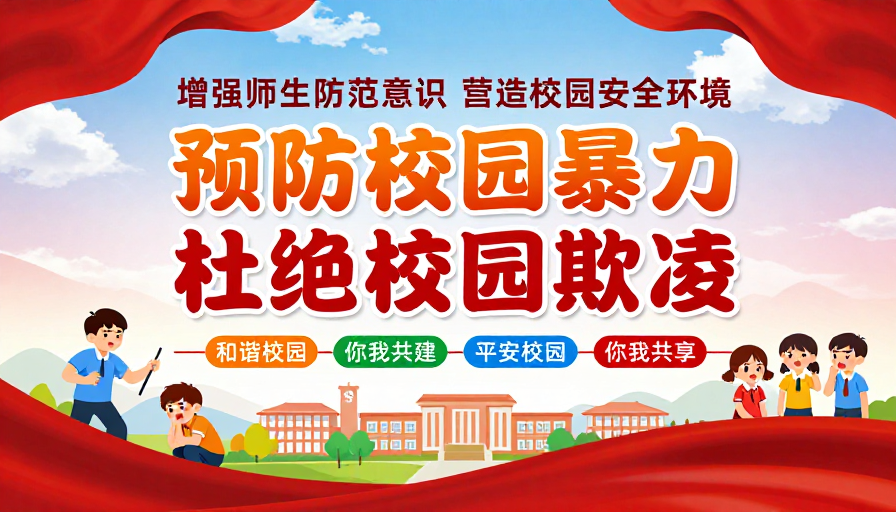 红色中国风校园安全警示海报:预防暴力守护平安